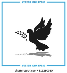 Pigeon and olive leaf icon vector illustration eps10. Isolated badge dove flat design for website or app - stock graphics