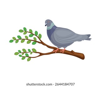 Un pigeon sur une branche. Un pigeon de style cartoon se tient sur une branche d'arbre. Une branche et un oiseau. L'illustration vectorielle est isolée sur fond blanc.