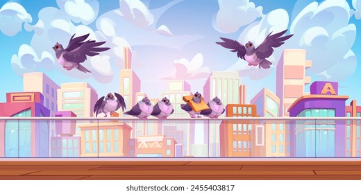 Pigeon on city business building rooftop vector. Modern skyline scape with bird sitting on roof illustration. Funny dove on house terrace with wood floor. Blue sky and residential construction facade