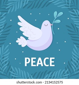 Pigeon on light blue background. Dove with peace sign. Stop war concept art.