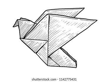 Pigeon origami illustration, drawing, engraving, ink, line art, vector