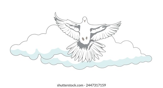 A pigeon with outstretched wings rises into the clouds. A symbol of the Holy Spirit and the resurrection of the soul. Paradise.