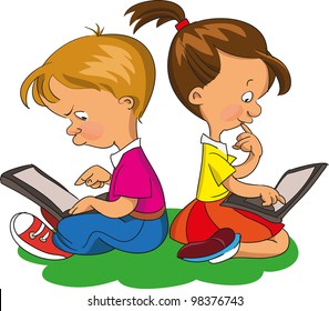A pigeon pair sit look in computers