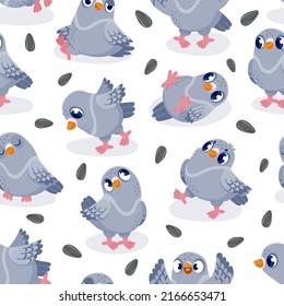 Pigeon pattern. Seamless print of cartoon colorful cute bird with funny face and emotions, group of mascot animals in motion. Vector texture. Adorable wild doves with seeds for fabric