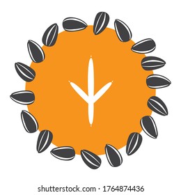 Pigeon paw in an orange circle symbolizing the sun or sunflower. Vector footprint of a bird in a circle of black seeds. Peace symbol and logo for bird lovers