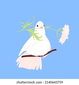 Pigeon peace bird holding plant branch. Spreading love, mercy and human harmony, international peace day, peaceful dove, purity and hope symbol cartoon vector illustration