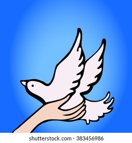 Pigeon of peace flying from the hand.Vector dove and human hands - peace symbol - abstract concept.