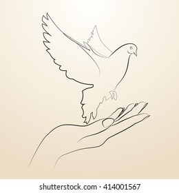 Pigeon of peace flying from the open hands sketch in black lines