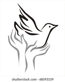 pigeon of peace flying from the open hands sketch in black lines