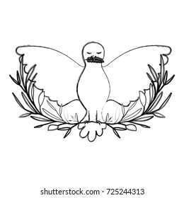 pigeon peace symbol front view with olive branch in her peak on blurred silhouette vector illustration
