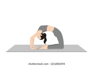 Pigeon Pose B. Beautiful girl practice Kapotasana B. Young attractive woman practicing yoga exercise. working out, black wearing sportswear, grey pants and top, indoor full length, calmness and relax.