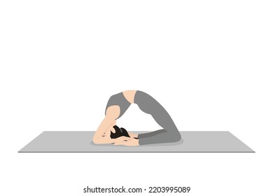 Pigeon Pose. Beautiful girl practice Kapotasana. Young attractive woman practicing yoga exercise. working out, black wearing sportswear, grey pants and top, indoor full length, calmness and relax.