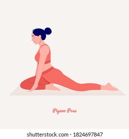 Pigeon Pose. Young woman practicing Yoga pose. Woman workout fitness, aerobic and exercises. Vector Illustration.