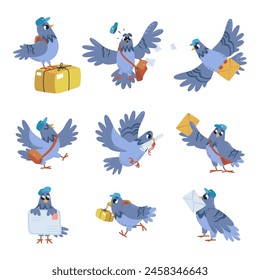 Pigeon post characters. Cartoon pigeon letters and parcel delivery. Cute bird mail, doves holding envelopes and scroll, classy vector clipart