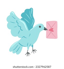 Pigeon with postal envelope and heart in its beak. Illustration of a blue flying dove with envelope in its beak. Design for greeting card, invitation, print, sticker. Illustration for valentine's day.