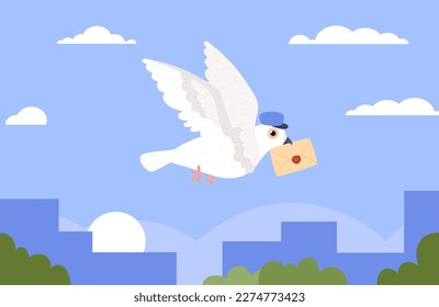 Pigeon postman flies over city and holds letter in its beak, cartoon flat vector illustration. Cute dove wearing cap or hat. Bird carrying envelope. Cute animal courier or deliverer.