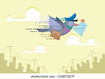 pigeon postman flying over the sky sending email concept flat vector illustration