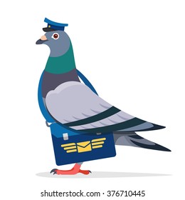 Pigeon Postman Vector Character Color Illustration Pigeon Postman With Blue Hat And Bag Logo Mail Envelope Wings