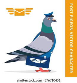 Pigeon postman vector character color illustration pigeon postman with blue hat and bag logo mail envelope wings