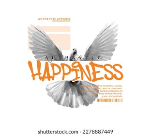 Pigeon print vector design with slogan  happiness for streetwear and urban style t-shirts design, hoodies, etc