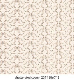 Pigeon regular seamless pattern.  Golden stroke dove repeat on beige background. Vector illustration.
