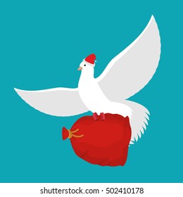 Pigeon Santa Claus carries sack with gifts. Red bag for toys and sweets. White Dove in cap. flying bird. Illustration for New year and Christmas