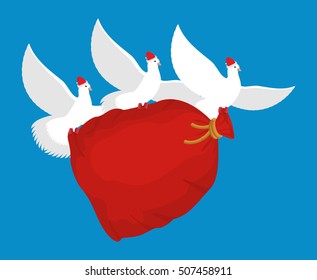 Pigeon Santa Claus carries sack with gifts. Red bag for toys and sweets. White Dove in cap. flying bird. Illustration for New year and Christmas