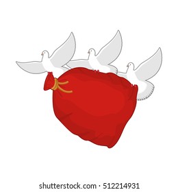 Pigeon Santa Claus carries sack with gifts. Red bag for toys and sweets. White Dove in cap. flying bird. Illustration for New year and Christmas