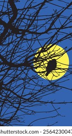 Pigeon sat on branch with moon silhouette