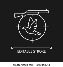 Pigeon shooting white linear icon for dark theme. Shooting competition. Roost, flighting dove hunt. Thin line customizable illustration. Isolated vector contour symbol for night mode. Editable stroke
