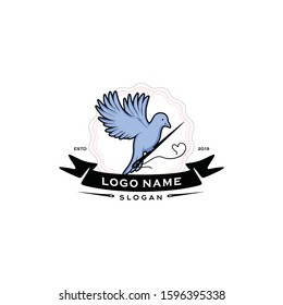 Pigeon silhouette logo vector with bring happiness box gift, reward, surprise, food and many thing. deliver to people. Modern vintage flying bird flat icon. Apply to web site, smart mobile phone apps