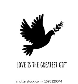 Pigeon silhouette with olive branch. Dove bird isolated on white. Symbol for peace, love, faith and hope. Vector illustration.