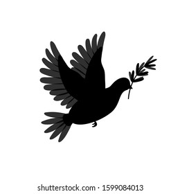 Pigeon silhouette with olive branch. Dove bird isolated on white. Symbol for peace, love, faith and hope. Vector illustration.