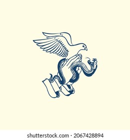 Pigeon and snake illustration, for business or book cover, simple flat vector design.