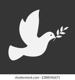 Pigeon sulhouette. Dove bird holding olive branch icon. Symbol of Peace.  Vector on black background