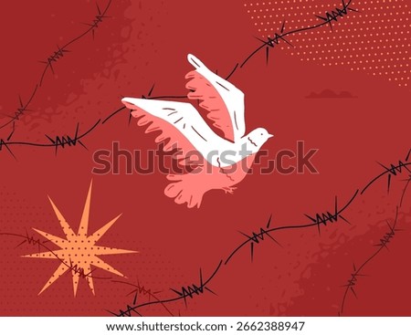 A pigeon surrounded by barbed wire against a red sky background. A metaphor for escaping from a totalitarian state, an anti-war symbol.