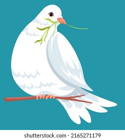 Pigeon symbol of peace and tranquility. Isolated bird sitting on branch holding foliage in beak. Cute dove message or religious sign. Flock and fauna environmental care. Vector in flat style