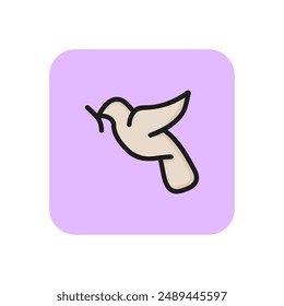 Pigeon with twig line icon. Christmas Dove, Valentine Day, Peace Day. Holiday concept. Vector illustration can be used for topics like traditional symbols, love, message