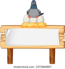 A pigeon in a vector cartoon style laying eggs on a wooden signboard