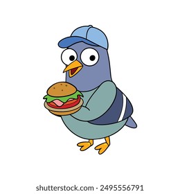 Pigeon Wearing Cap and Eating Burger Vector Illustration. A fun vector of a pigeon in a cap and t-shirt, enjoying a burger at a restaurant.