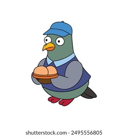 Pigeon Wearing Cap and Eating Burger Vector Illustration. A fun vector of a pigeon in a cap and t-shirt, enjoying a burger at a restaurant.