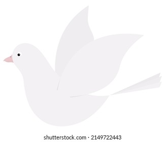 Pigeon. The white bird flaps its wings. Pigeon is a symbol of peace. Snow-white bird with a pink beak. Color vector illustration. The bird is flying into the sky. Isolated background. Flat style.