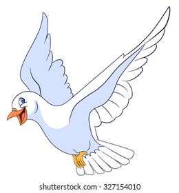 Pigeon. White Dove. Cartoon character isolated on white background. Colorful design for kids activity book, coloring page, colouring picture. Vector illustration for children.