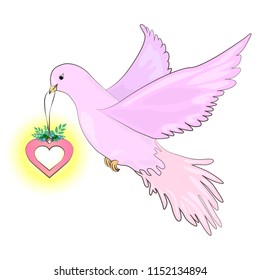 Pigeon-bird of the world. Vector illustration of a world symbol, dove. The Bird of Happiness. A bird with a pendant in the form of a heart in its beak.