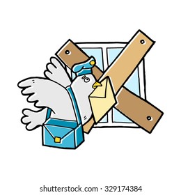 Pigeon-postman with boarded up window. No address. Cartoon vector illustration isolated on white background.