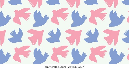 pigeons bird blue and pink seamless pattern, modern print, hand drawn, decoration, ornament, fabric, textile, clothing, cover, background, wallpaper, wrapping paper