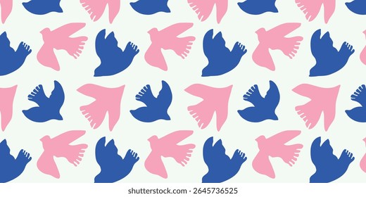 pigeons bird blue and pink seamless pattern, modern print, hand drawn, decoration, ornament, fabric, textile, clothing, cover, background, wallpaper, wrapping paper