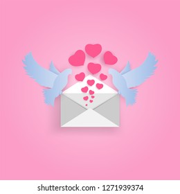 pigeons carry an envelope from which fly a lot of hearts