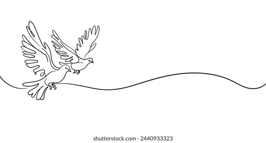 Pigeons continuous line art drawing isolated on white background. Black and white. Vector illustration