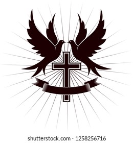 Pigeons, a cross and a banner in the rays. Illustration on a Christian theme.